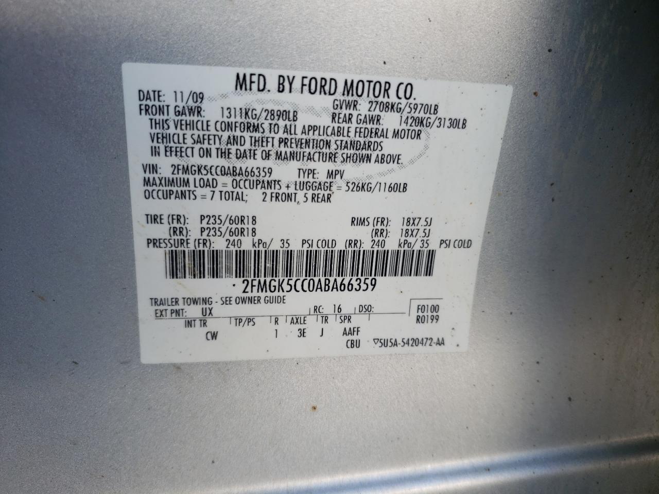 Photo 10 from auction – 2010 FORD FLEX SEL with VIN 2FMGK5CC0ABA66359