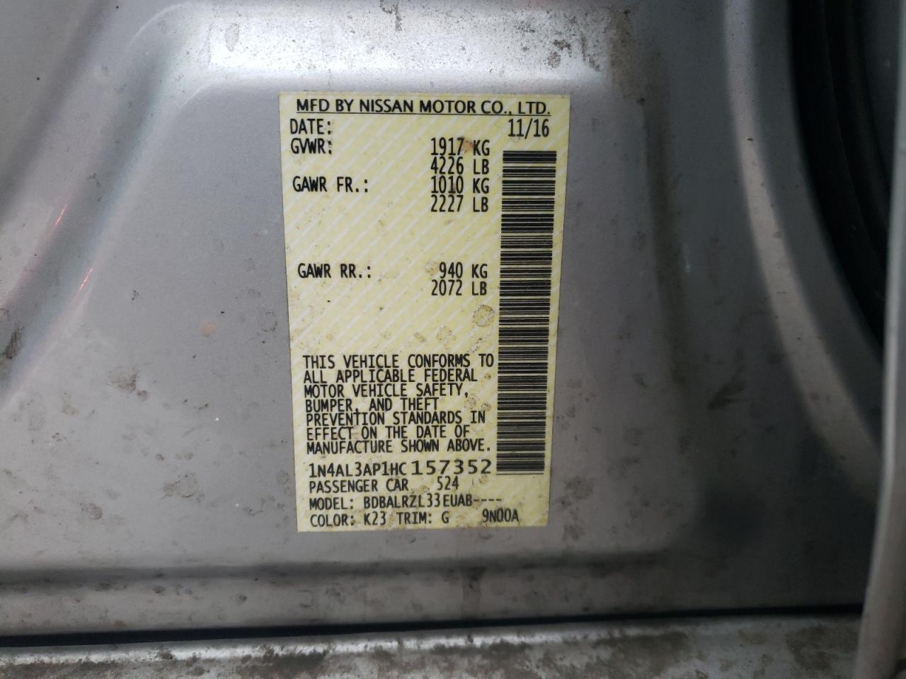 Photo 10 from auction – 2017 NISSAN ALTIMA 2.5 with VIN 1N4AL3AP1HC157352