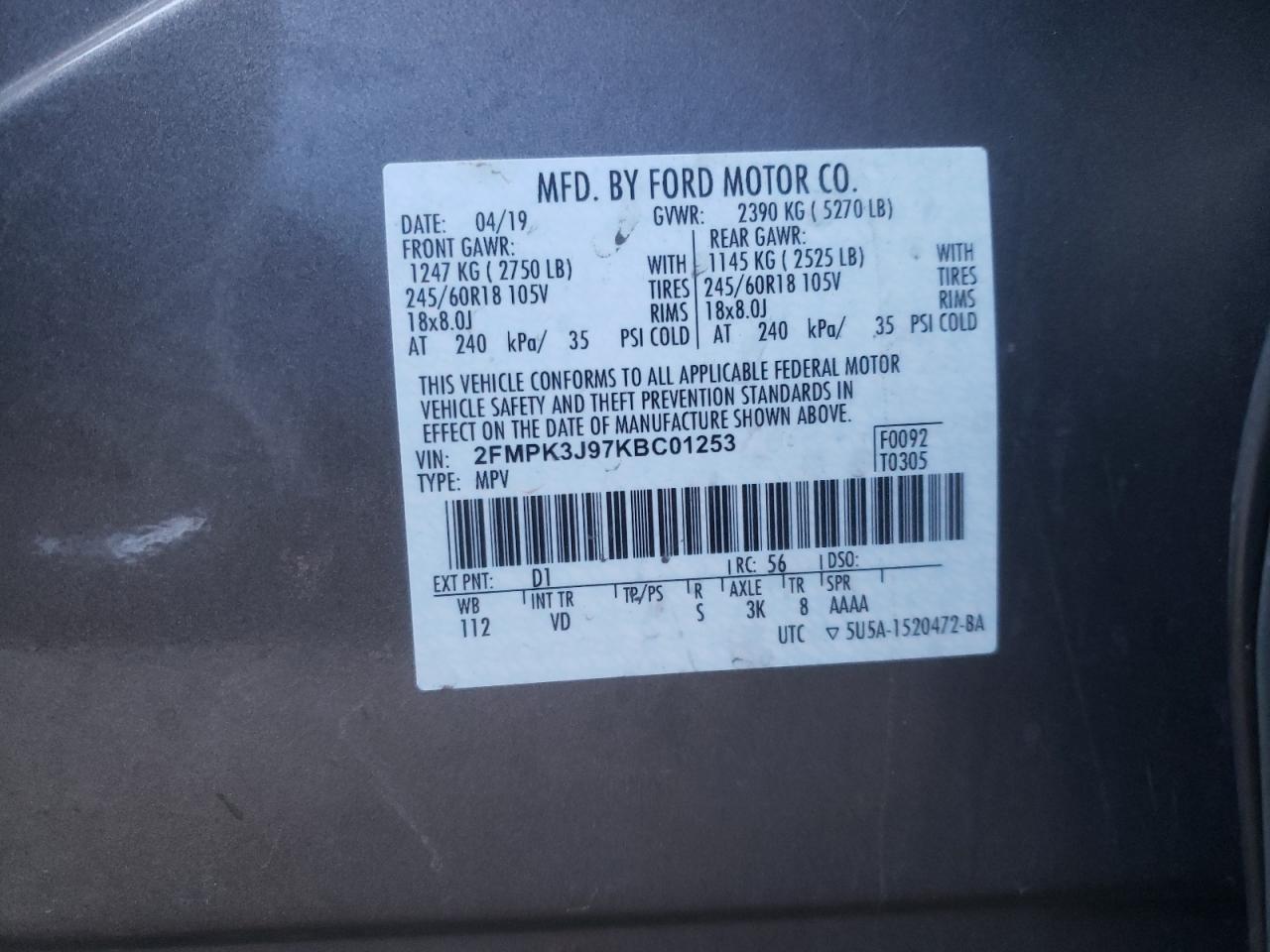 Photo 10 from auction – 2019 FORD EDGE SEL with VIN 2FMPK3J97KBC01253