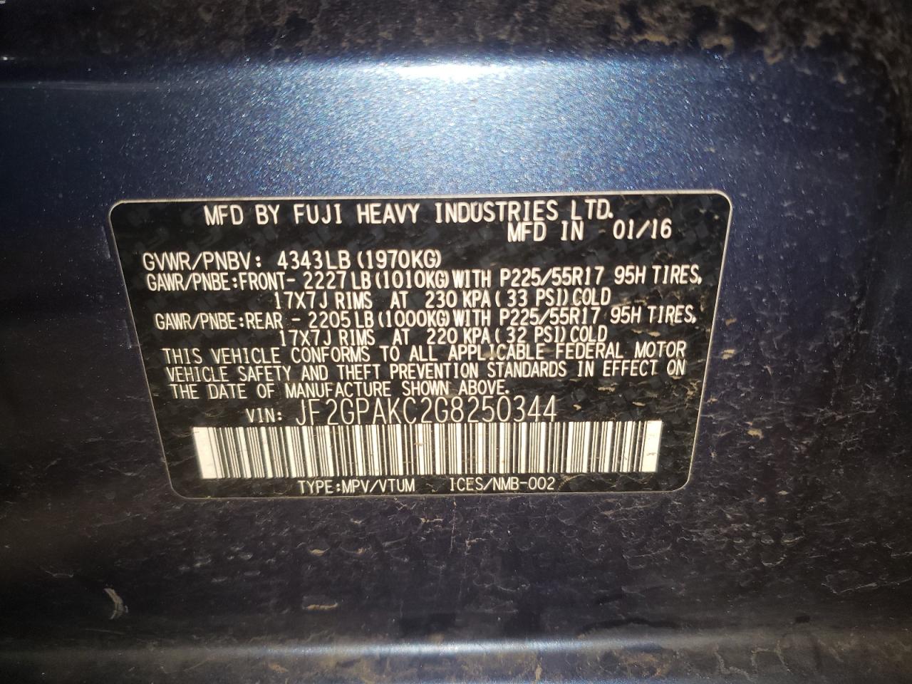 Photo 10 from auction – 2016 SUBARU CROSSTREK with VIN JF2GPAKC2G8250344