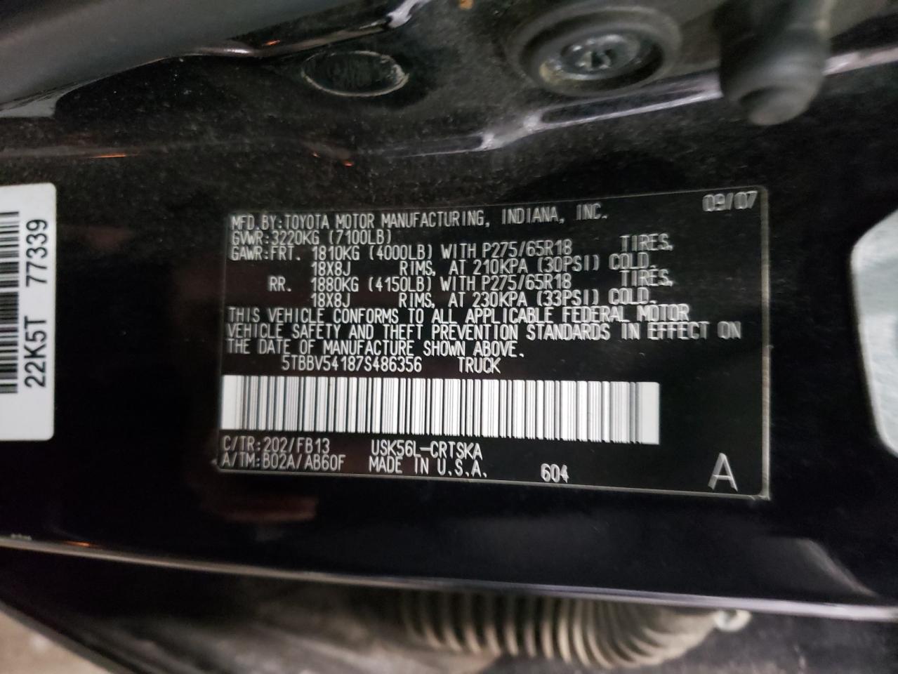 Photo 10 from auction – 2007 TOYOTA TUNDRA DOU with VIN 5TBBV54187S486356
