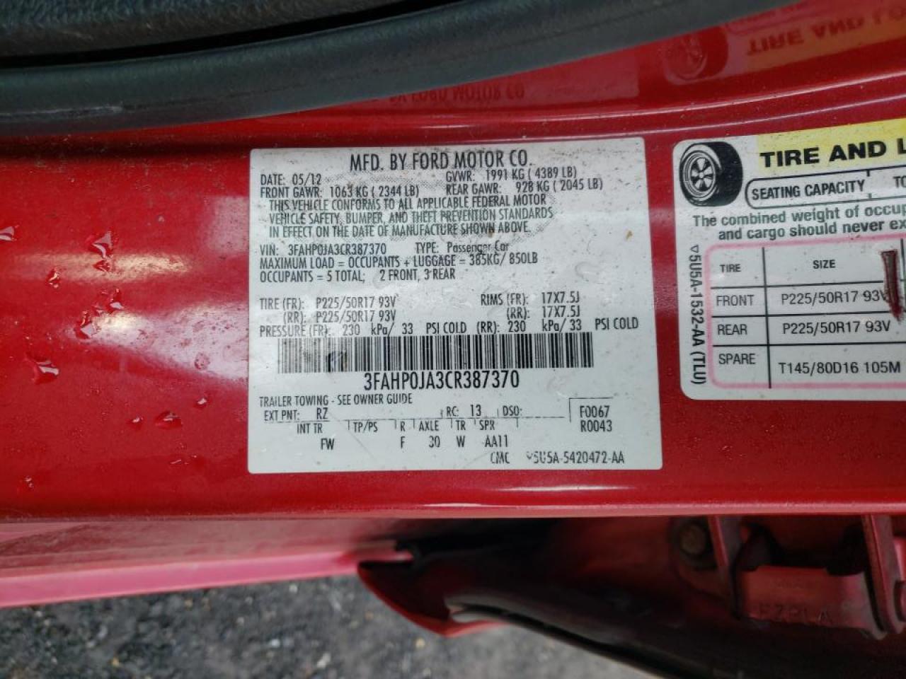 Photo 10 from auction – 2012 FORD FUSION SEL with VIN 3FAHP0JA3CR387370