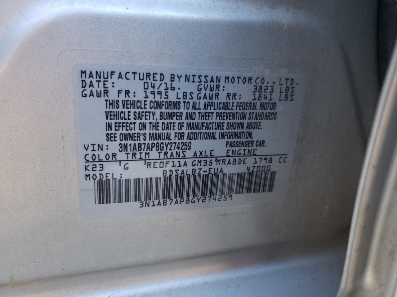 Photo 10 from auction – 2016 NISSAN SENTRA S with VIN 3N1AB7AP8GY274259