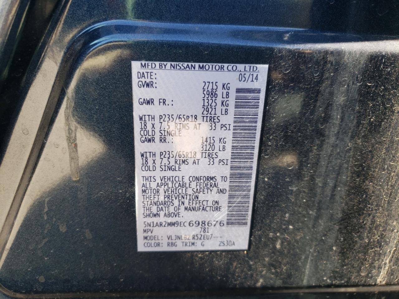Photo 10 from auction – 2014 NISSAN PATHFINDER with VIN 5N1AR2MM9EC698676
