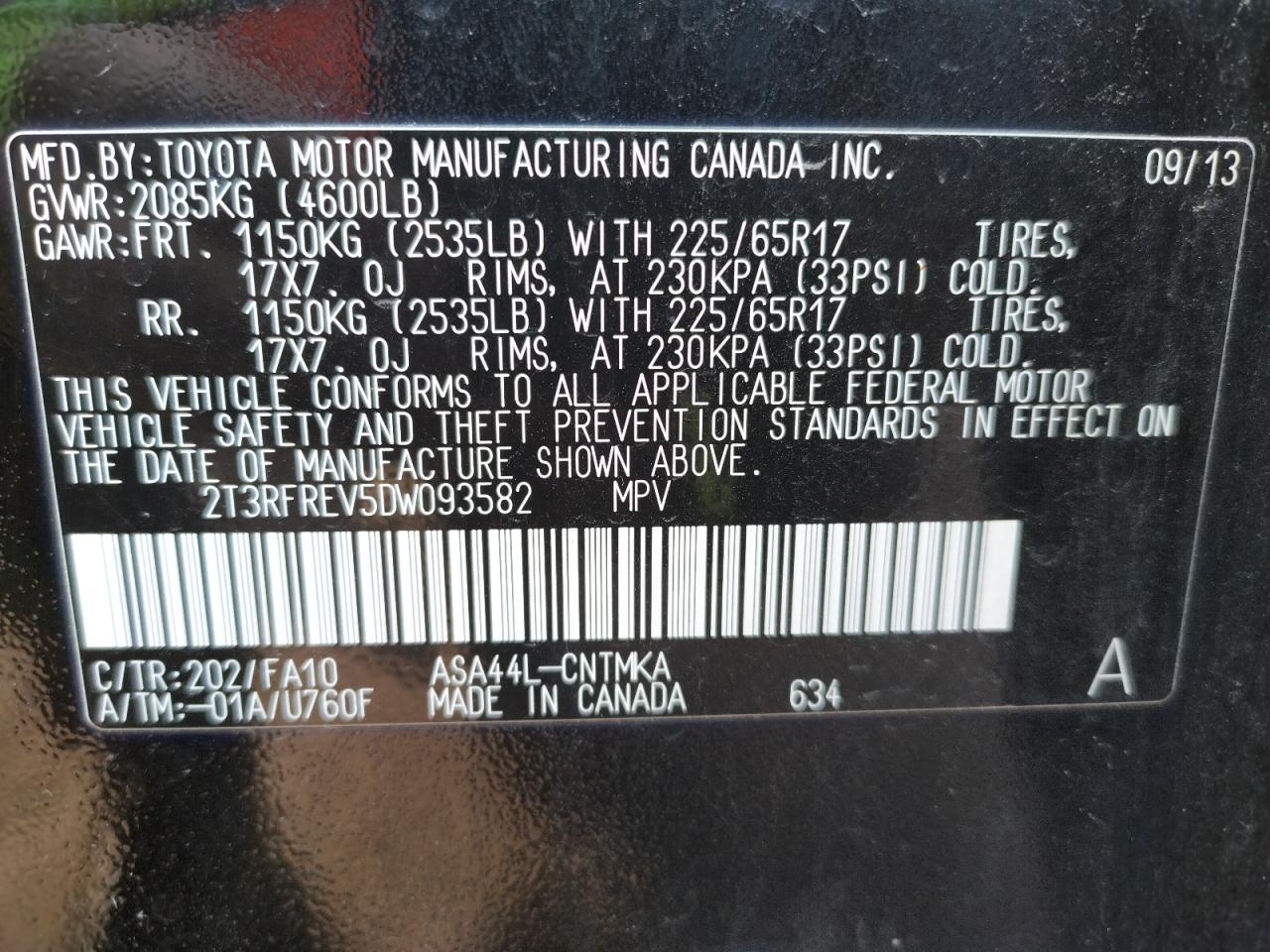 Photo 10 from auction – 2013 TOYOTA RAV4 XLE with VIN 2T3RFREV5DW093582