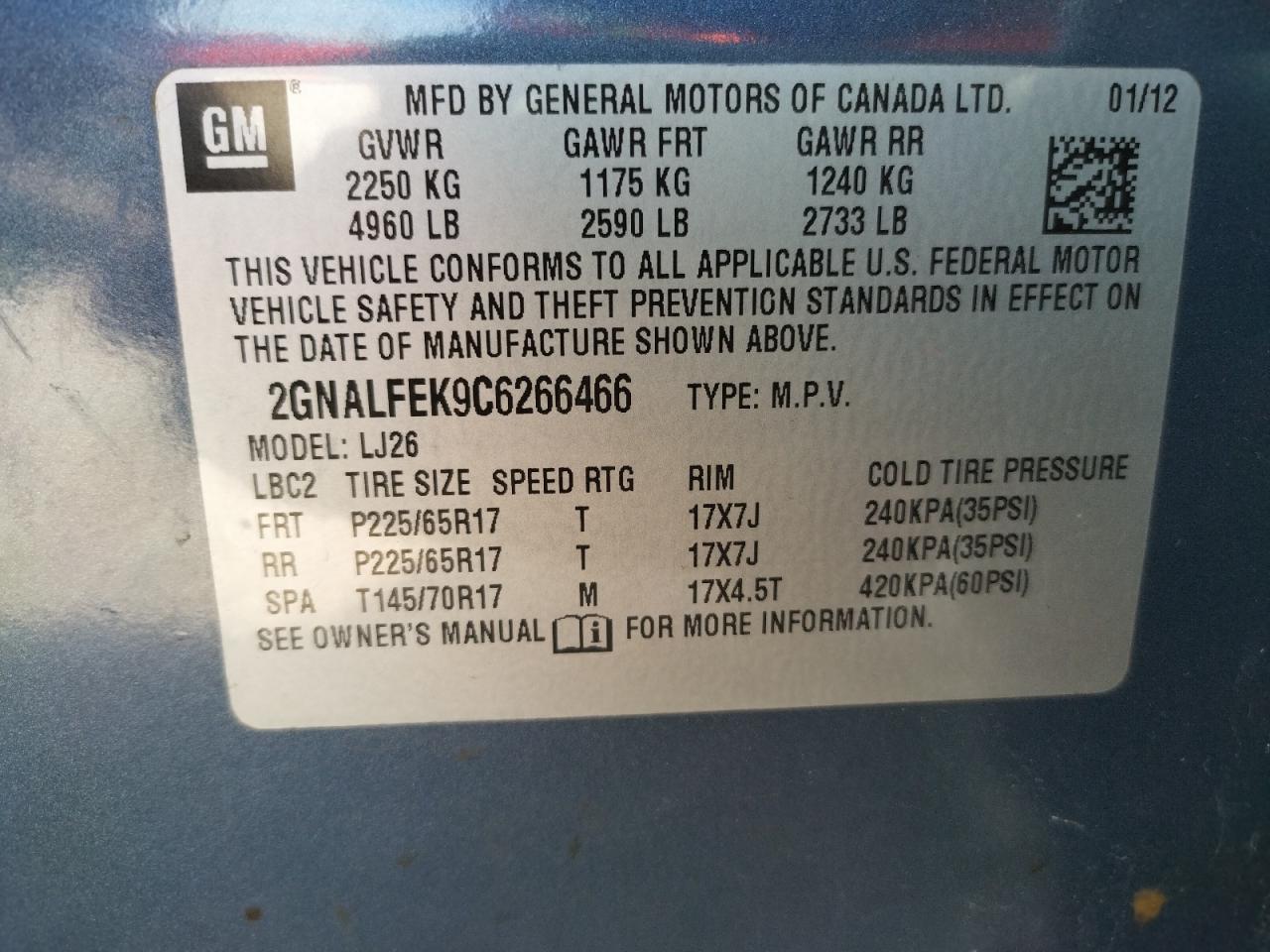 Photo 10 from auction – 2012 CHEVROLET EQUINOX LT with VIN 2GNALFEK9C6266466