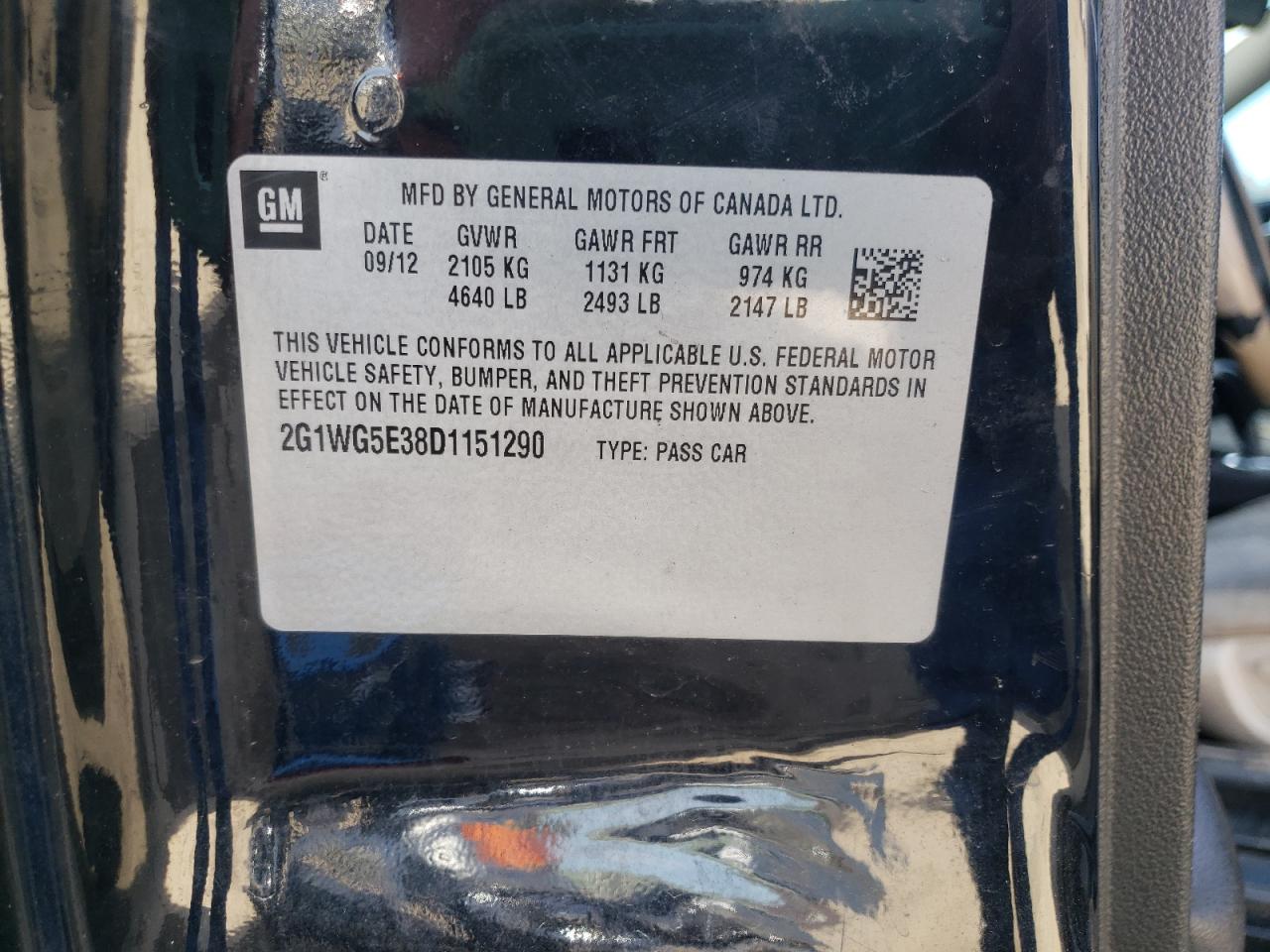 Photo 10 from auction – 2013 CHEVROLET IMPALA LT with VIN 2G1WG5E38D1151290