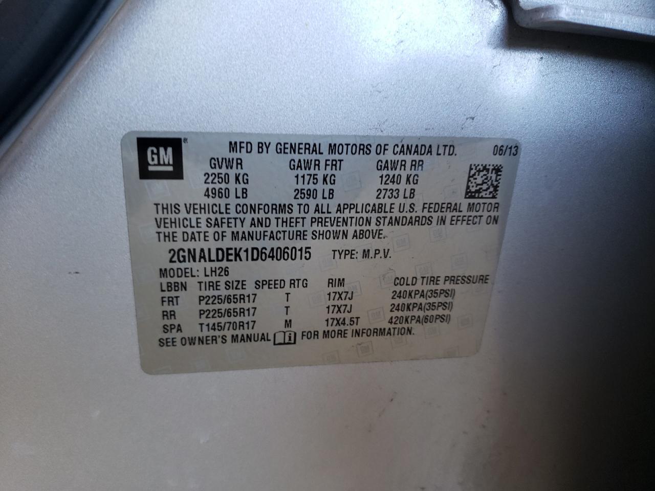 Photo 10 from auction – 2013 CHEVROLET EQUINOX LT with VIN 2GNALDEK1D6406015