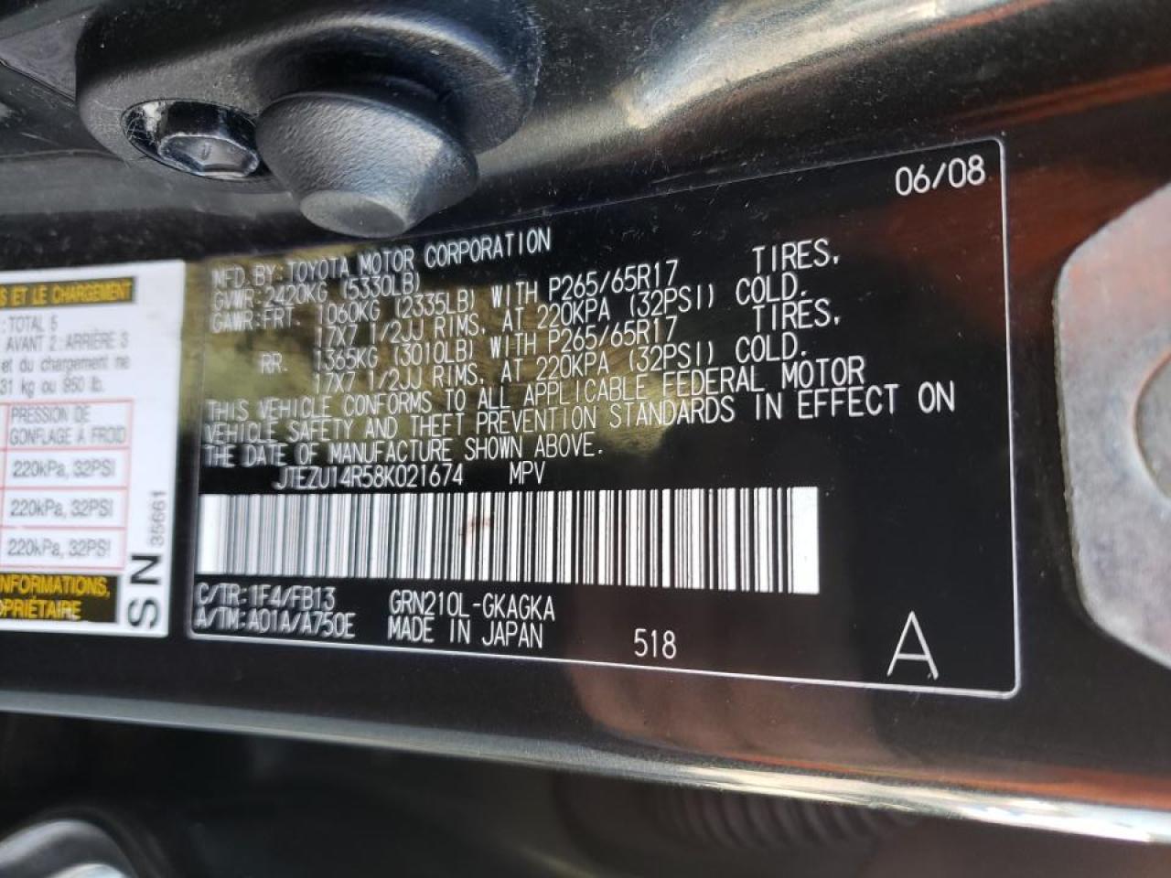 Photo 10 from auction – 2008 TOYOTA 4RUNNER SR with VIN JTEZU14R58K021674