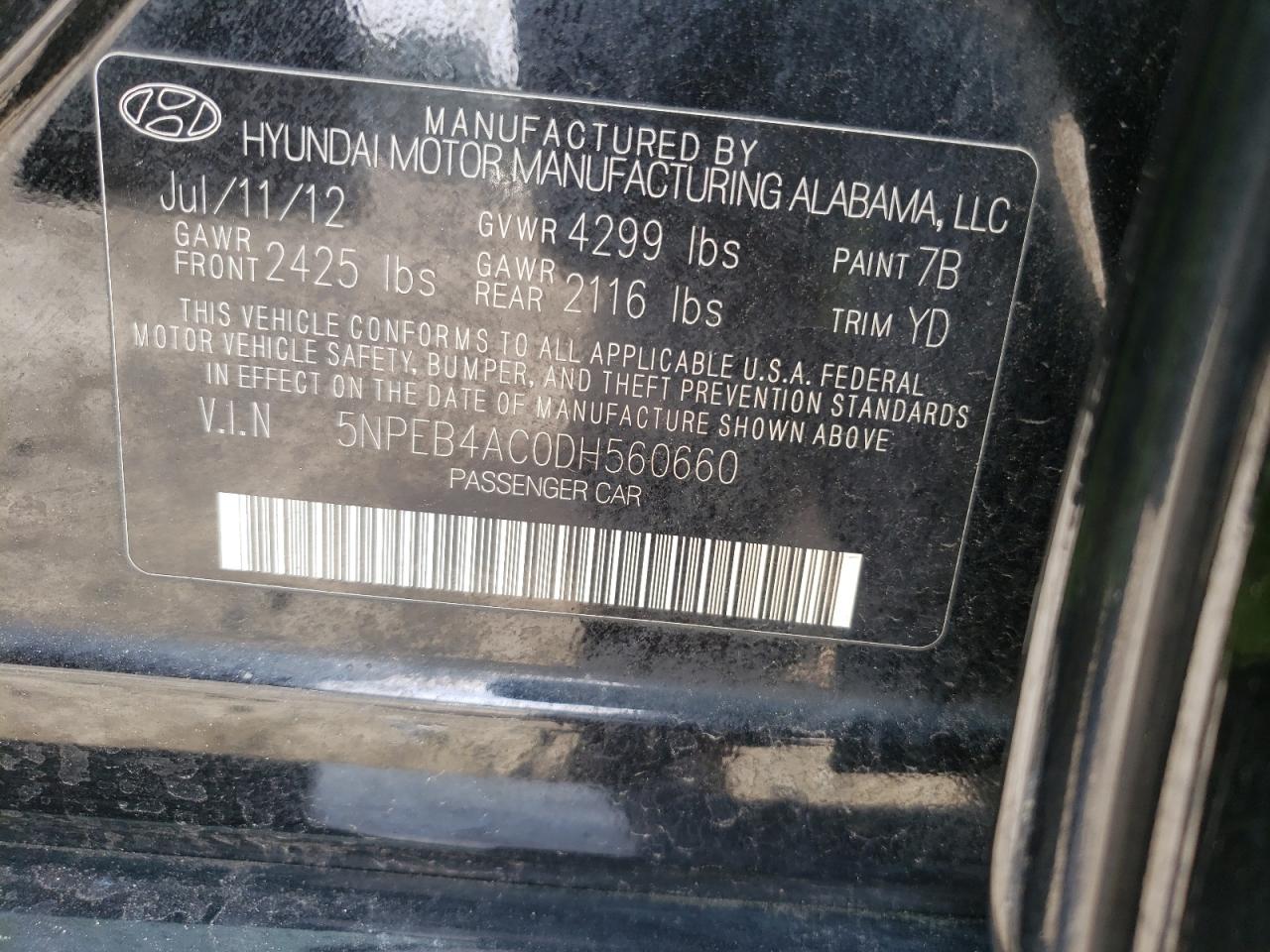 Photo 10 from auction – 2013 HYUNDAI SONATA GLS with VIN 5NPEB4AC0DH560660