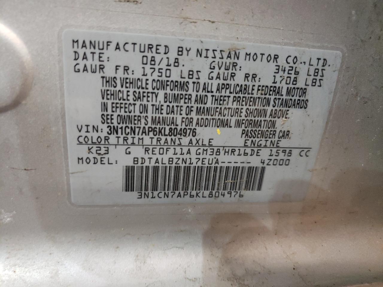 Photo 10 from auction – 2019 NISSAN VERSA S with VIN 3N1CN7AP6KL804976