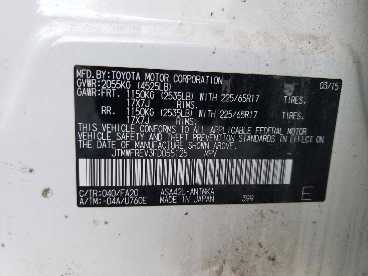 Photo 10 from auction – 2015 TOYOTA RAV4 XLE with VIN JTMWFREV3FD055125