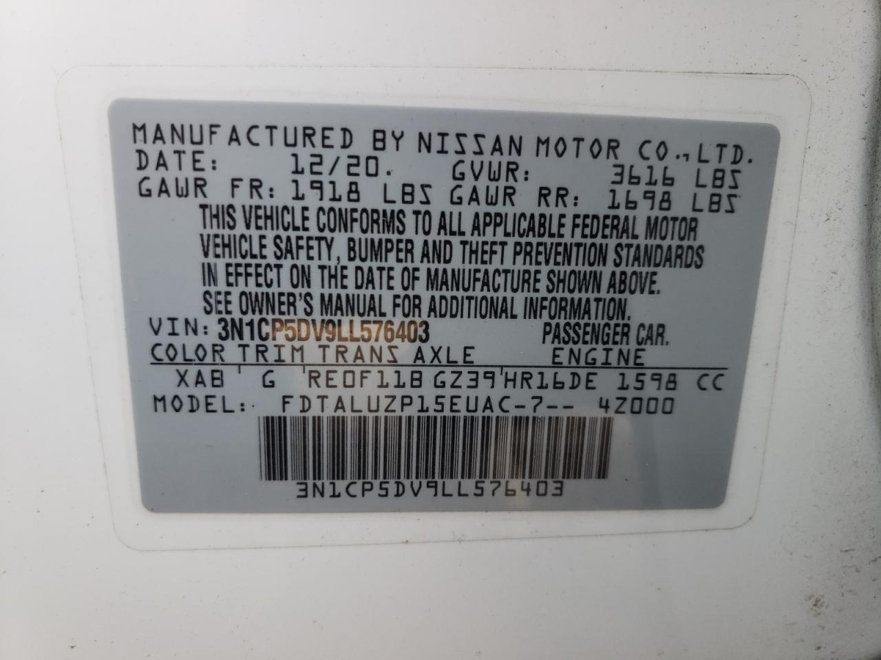 Photo 10 from auction – 2020 NISSAN KICKS SR with VIN 3N1CP5DV9LL576403