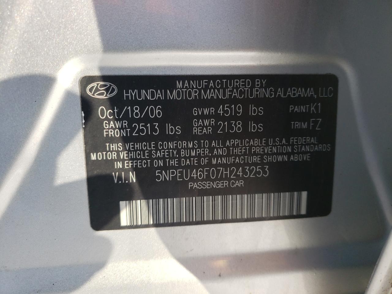 Photo 10 from auction – 2007 HYUNDAI SONATA with VIN 5NPEU46F07H243253