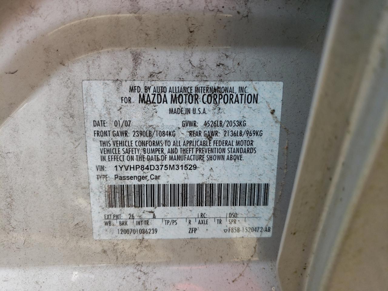 Photo 10 from auction – 2007 MAZDA 6 S with VIN 1YVHP84D375M31529