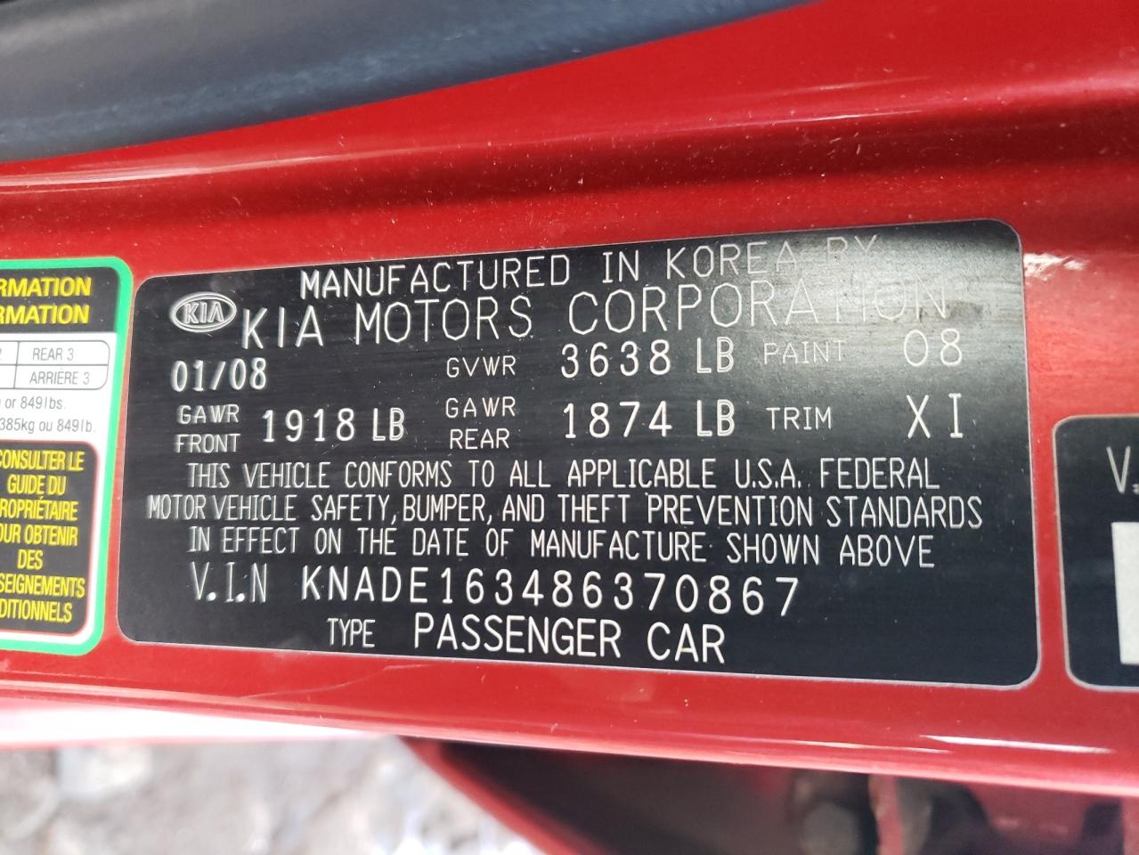Photo 10 from auction – 2008 KIA RIO with VIN KNADE163486370867
