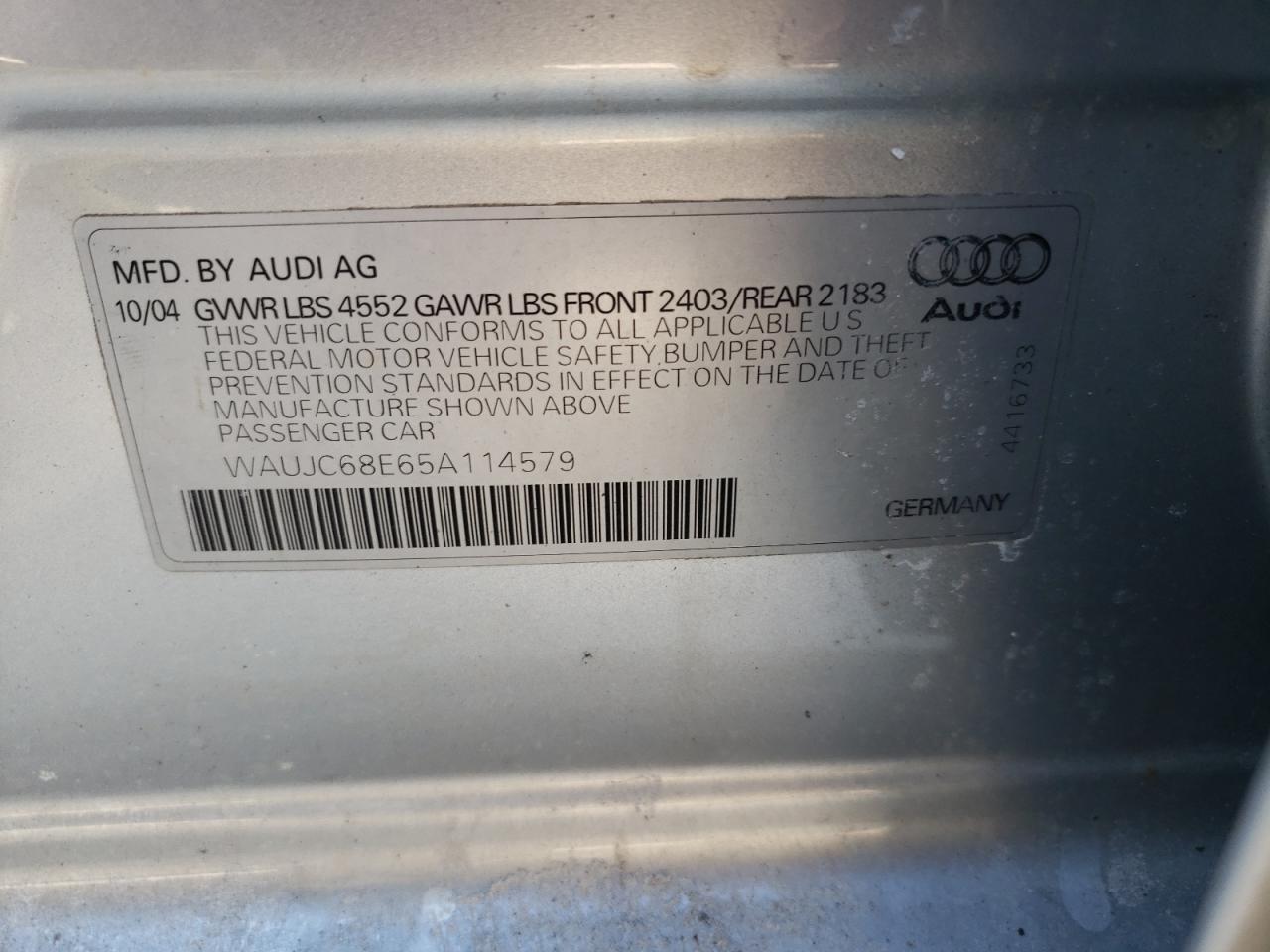 Photo 10 from auction – 2005 AUDI A4 1.8T with VIN WAUJC68E65A114579