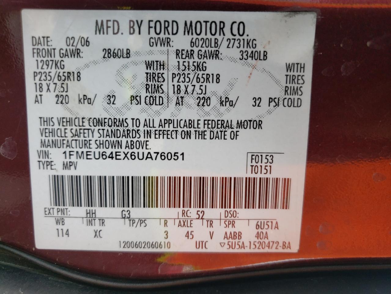 Photo 10 from auction – 2006 FORD EXPLORER E with VIN 1FMEU64EX6UA76051