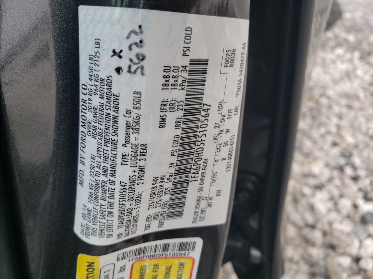 Photo 10 from auction – 2015 FORD FUSION SE with VIN 1FA6P0HD5F5105647