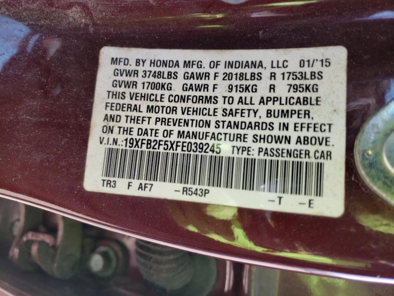 Photo 10 from auction – 2015 HONDA CIVIC LX with VIN 19XFB2F5XFE039245