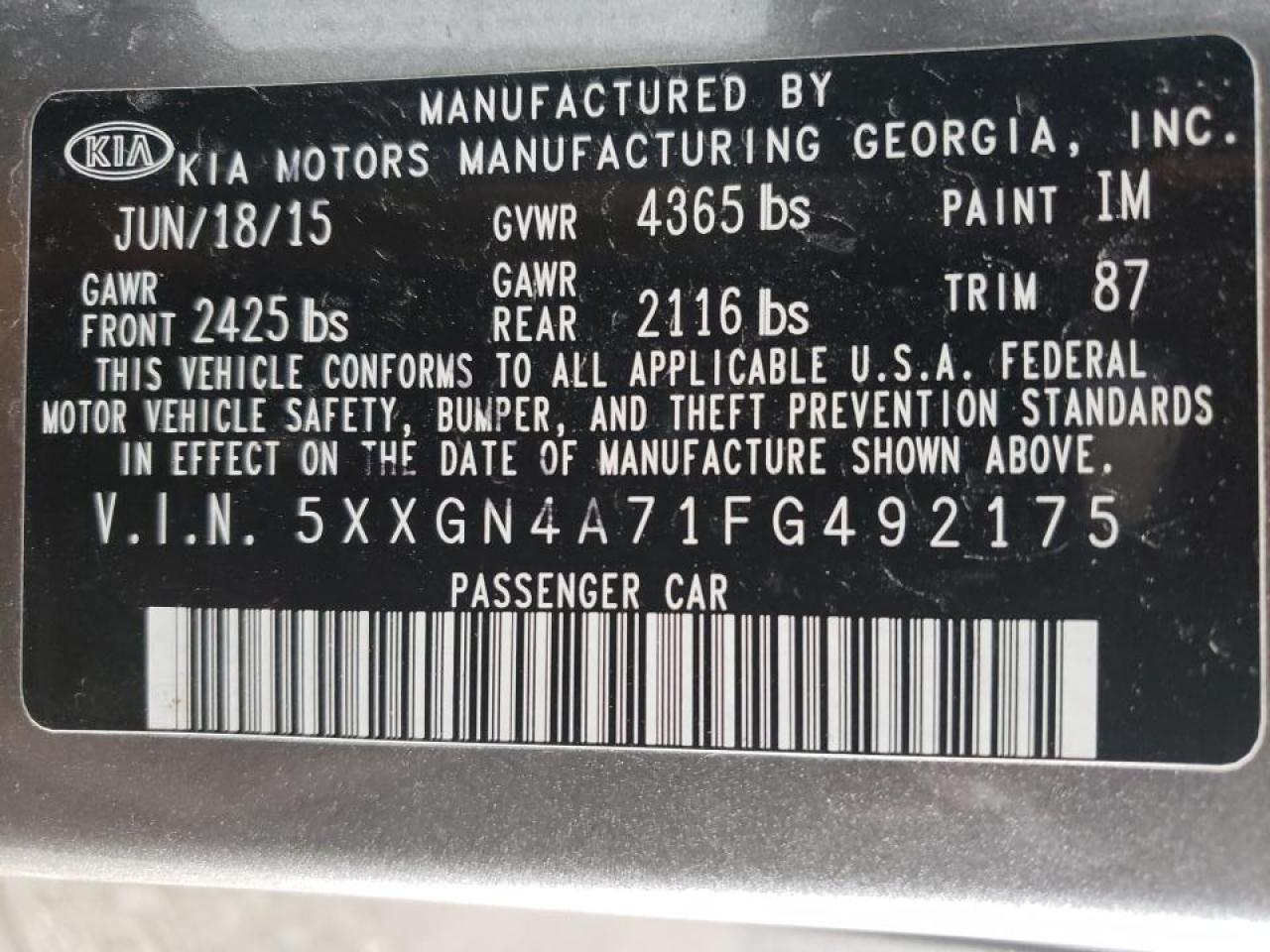Photo 10 from auction – 2015 KIA OPTIMA EX with VIN 5XXGN4A71FG492175