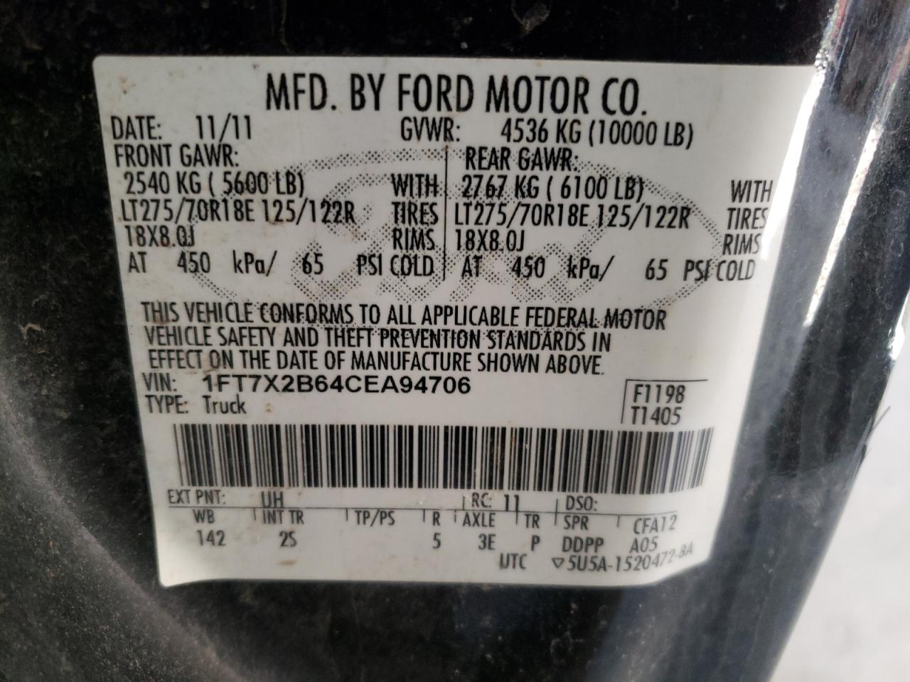 Photo 10 from auction – 2012 FORD F250 SUPER with VIN 1FT7X2B64CEA94706