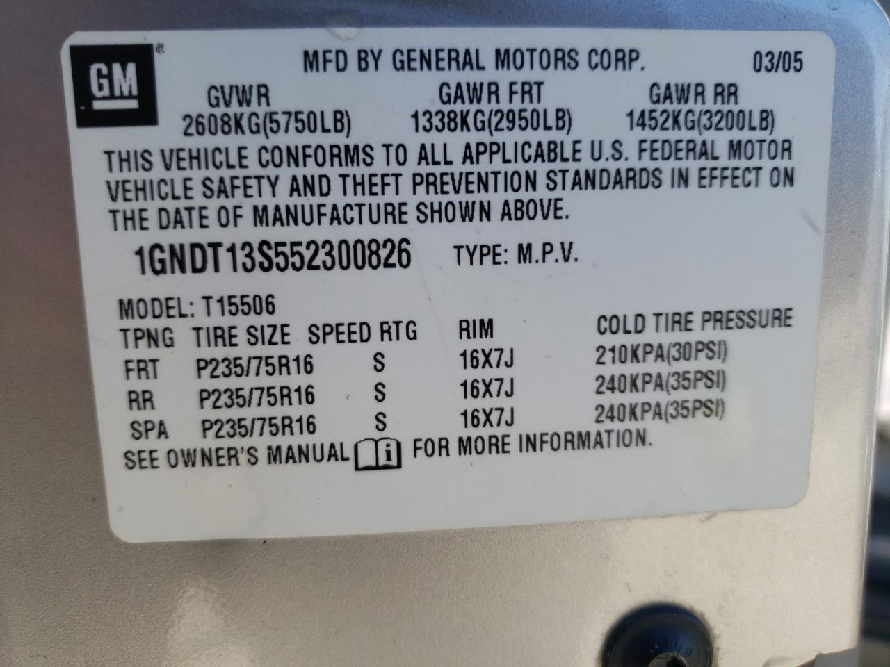 Photo 10 from auction – 2005 CHEVROLET TRAILBLAZE with VIN 1GNDT13S552300826