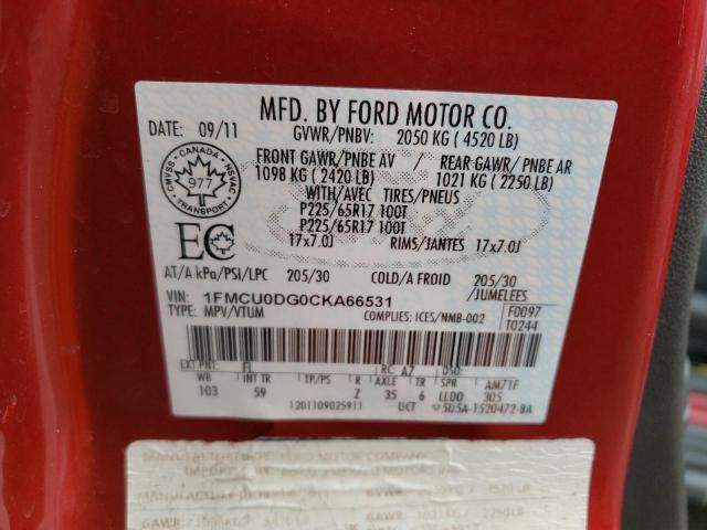 Photo 10 from auction – 2012 FORD ESCAPE XLT with VIN 1FMCU0DG0CKA66531