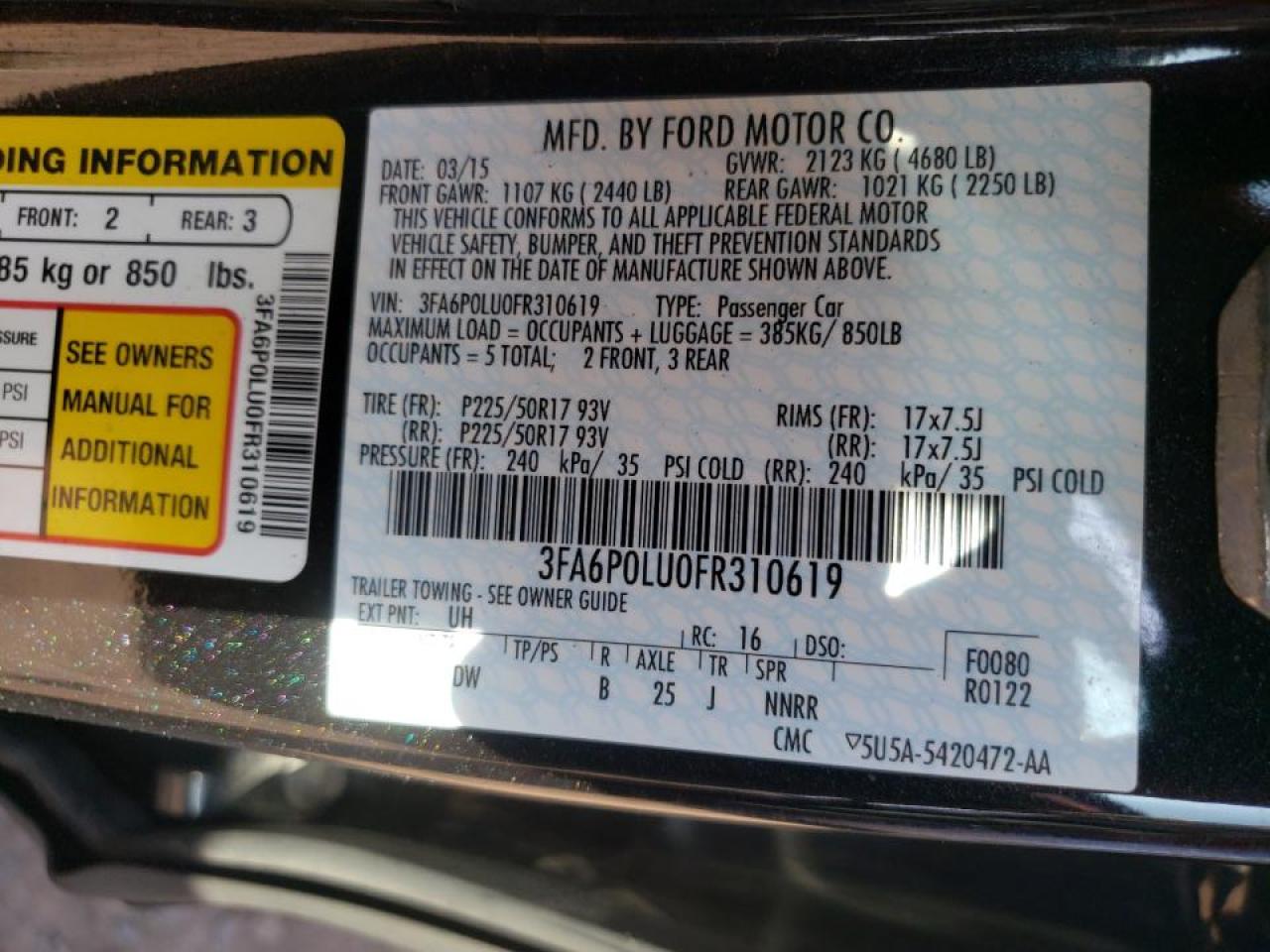 Photo 10 from auction – 2015 FORD FUSION SE with VIN 3FA6P0LU0FR310619