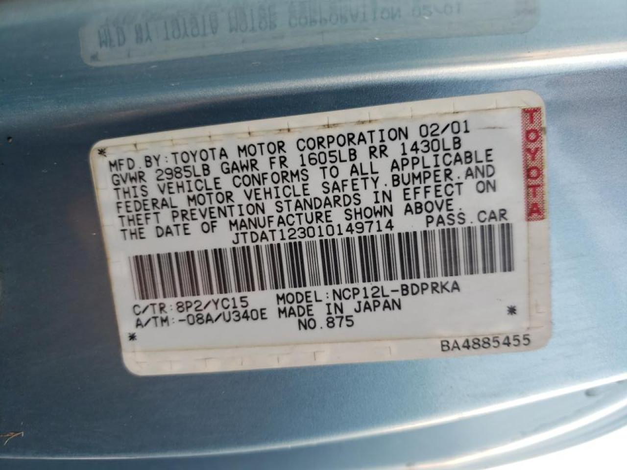 Photo 10 from auction – 2001 TOYOTA ECHO with VIN JTDAT123010149714