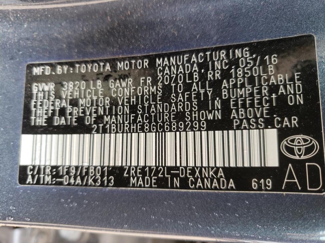 Photo 10 from auction – 2016 TOYOTA COROLLA L with VIN 2T1BURHE8GC689299