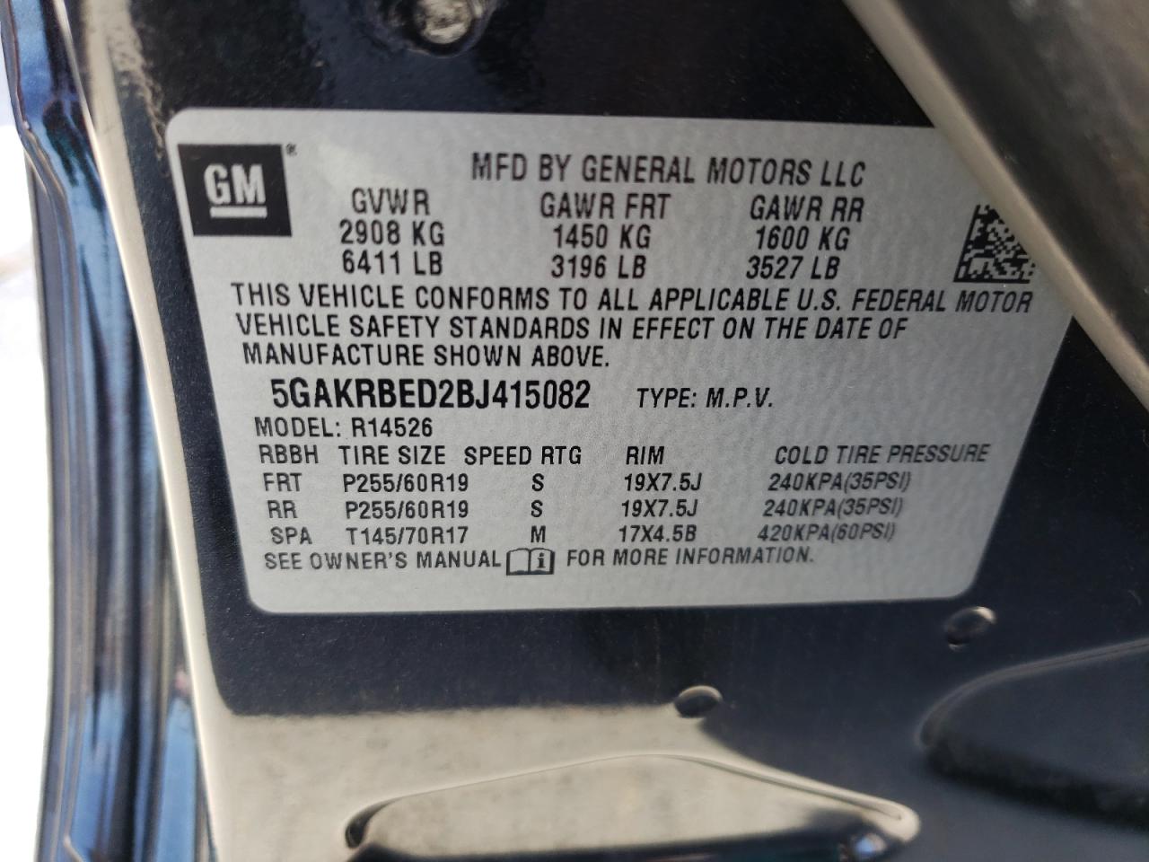 Photo 10 from auction – 2011 BUICK ENCLAVE CX with VIN 5GAKRBED2BJ415082