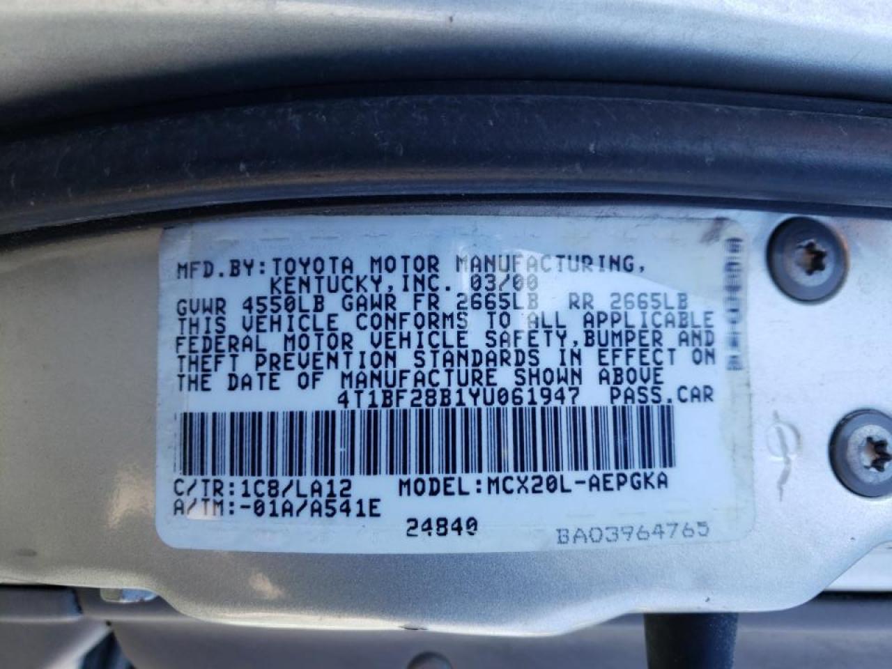 Photo 10 from auction – 2000 TOYOTA AVALON XL with VIN 4T1BF28B1YU061947