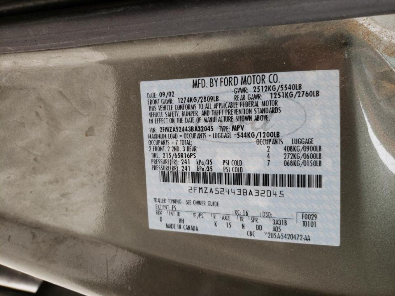 Photo 10 from auction – 2003 FORD WINDSTAR S with VIN 2FMZA52443BA32045
