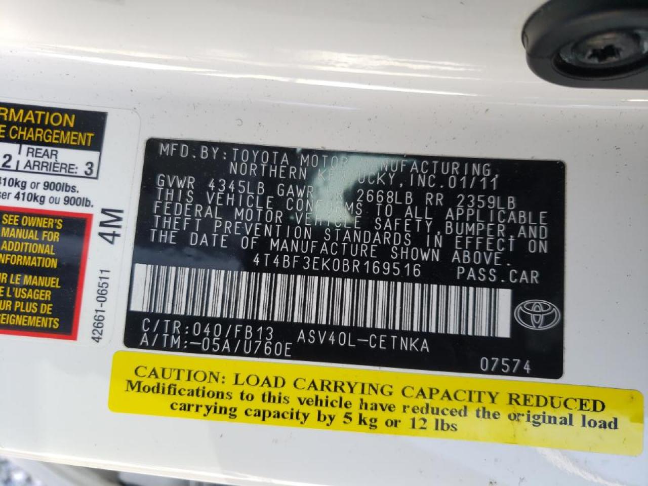 Photo 10 from auction – 2011 TOYOTA CAMRY BASE with VIN 4T4BF3EK0BR169516