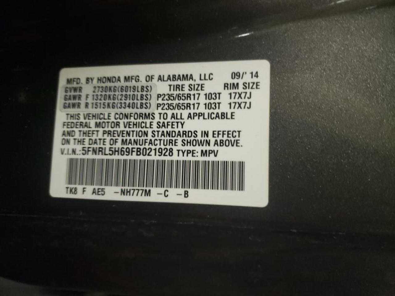 Photo 10 from auction – 2015 HONDA ODYSSEY EX with VIN 5FNRL5H69FB021928
