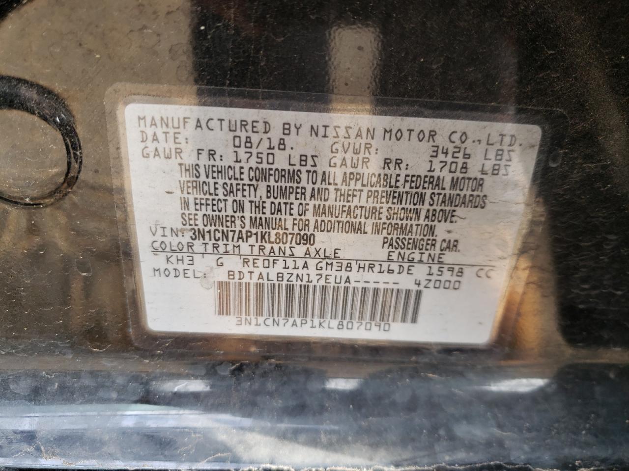 Photo 10 from auction – 2019 NISSAN VERSA S with VIN 3N1CN7AP1KL807090