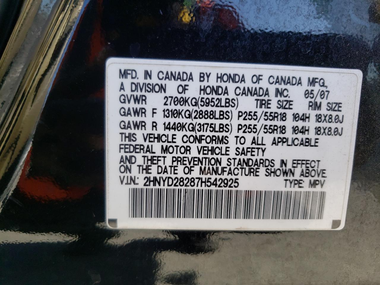 Photo 10 from auction – 2007 ACURA MDX with VIN 2HNYD28287H542925