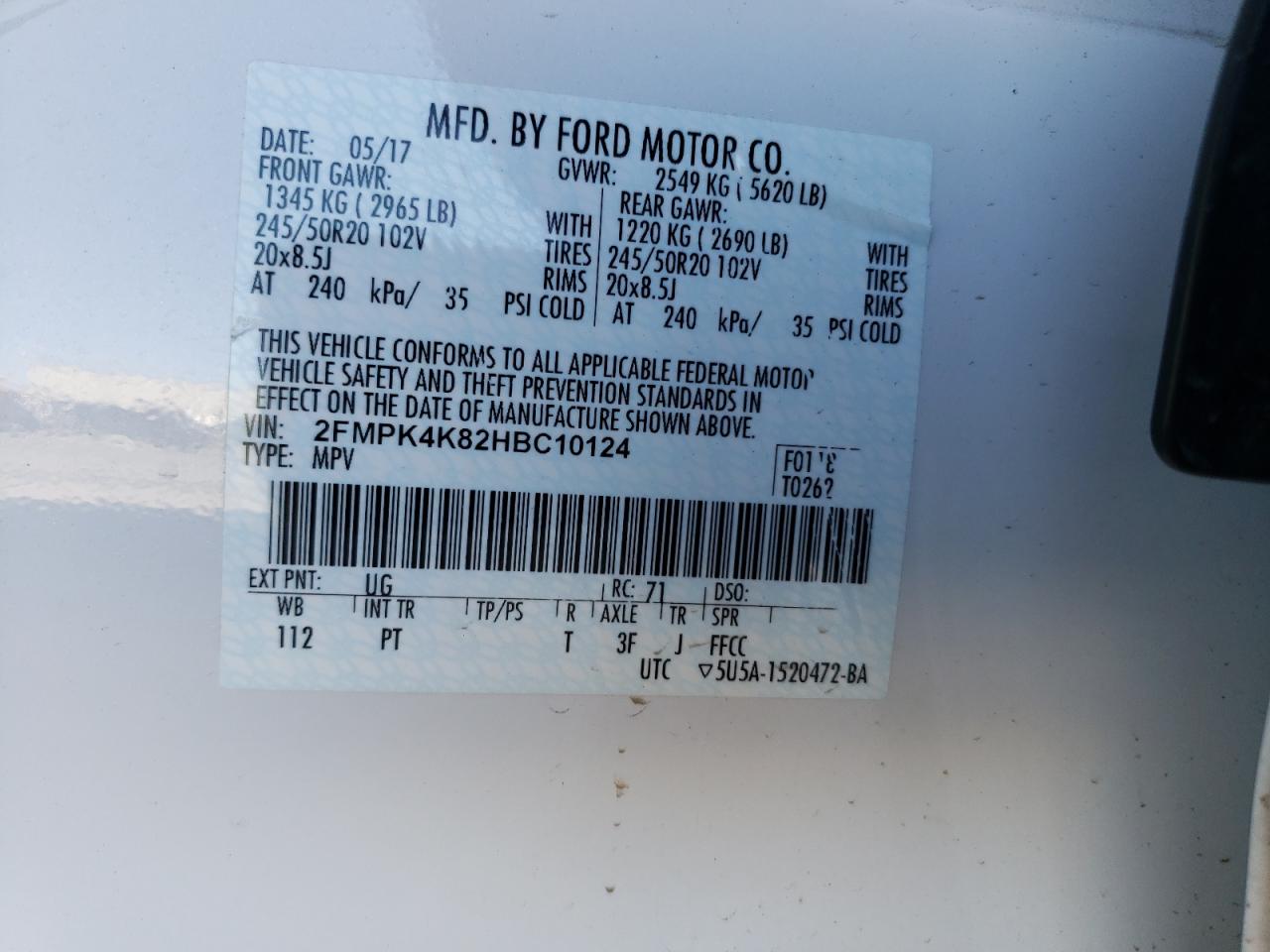 Photo 10 from auction – 2017 FORD EDGE TITAN with VIN 2FMPK4K82HBC10124