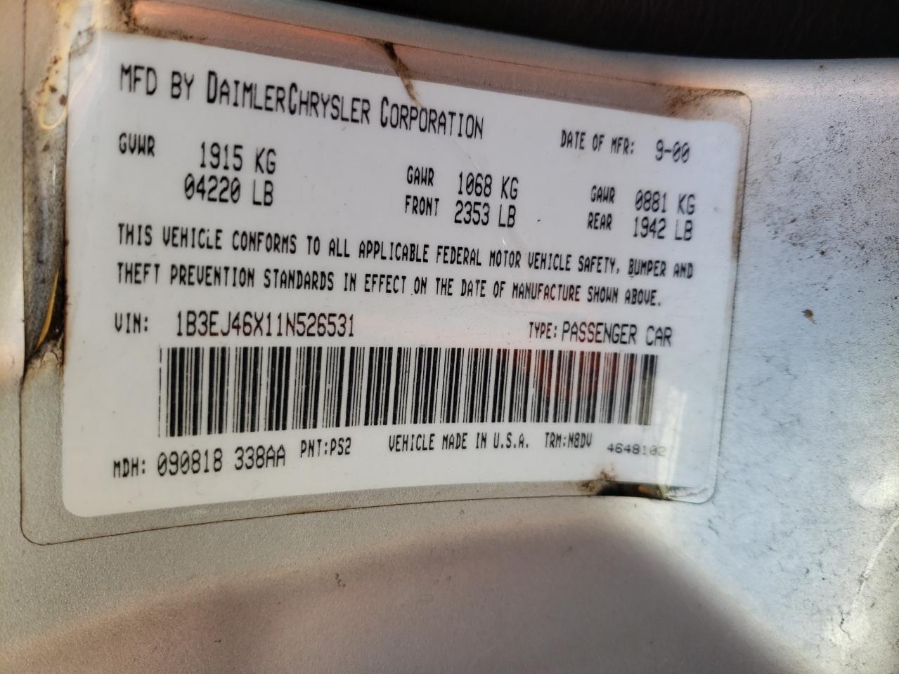 Photo 10 from auction – 2001 DODGE STRATUS SE with VIN 1B3EJ46X11N526531