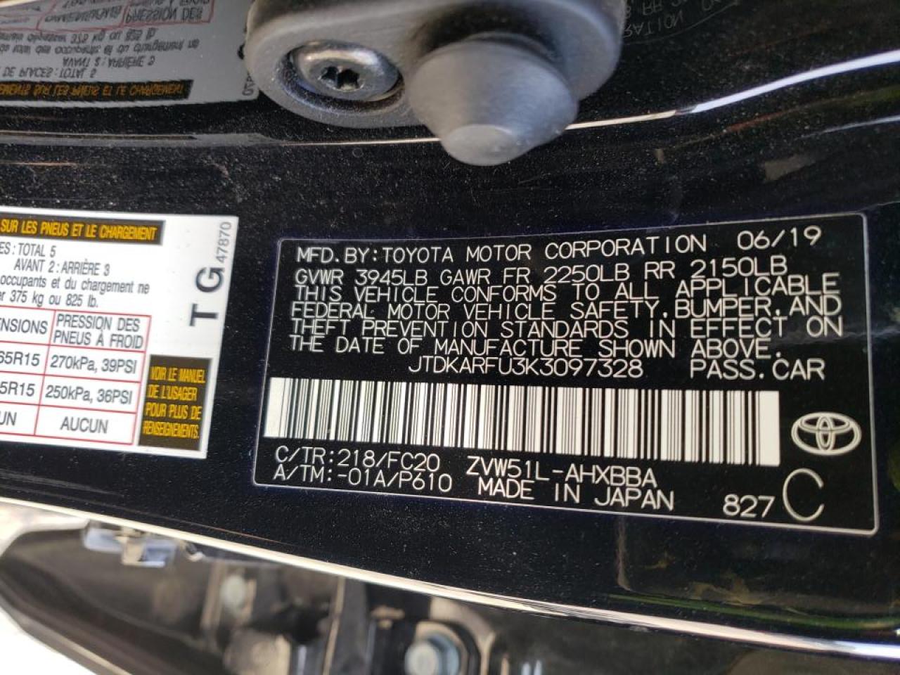 Photo 10 from auction – 2019 TOYOTA PRIUS with VIN JTDKARFU3K3097328