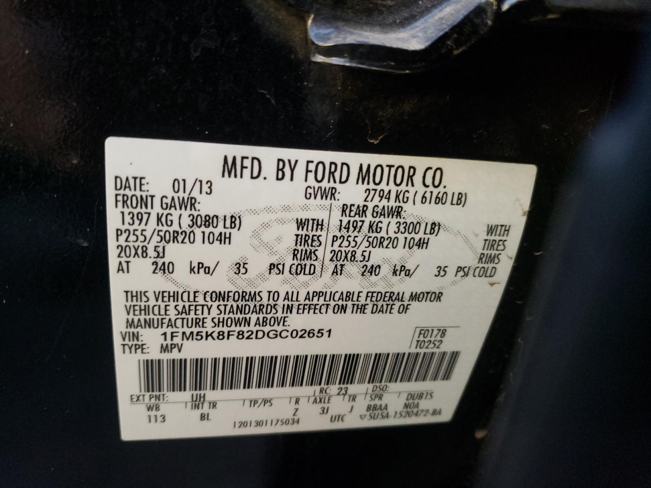 Photo 10 from auction – 2013 FORD EXPLORER L with VIN 1FM5K8F82DGC02651