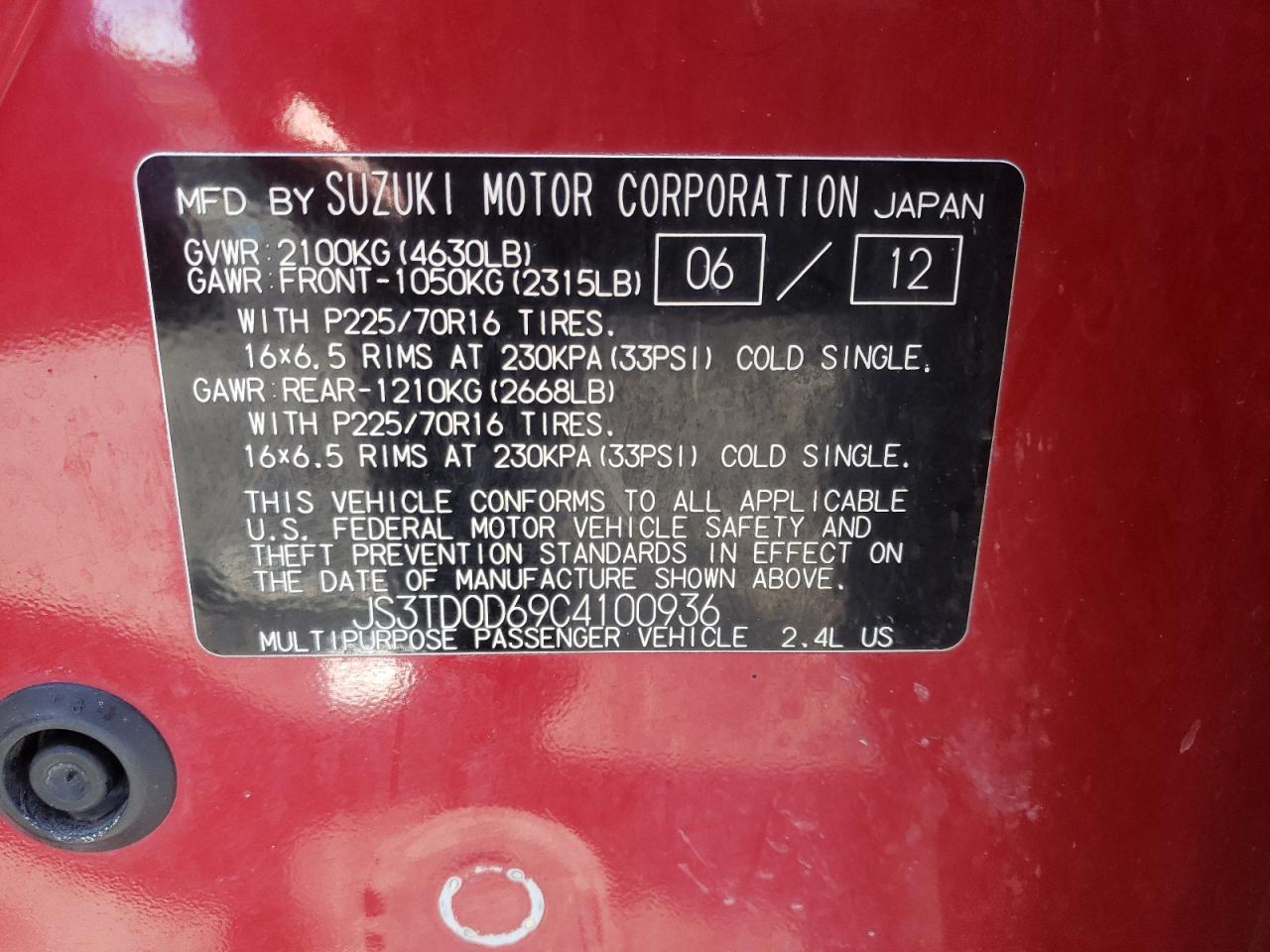 Photo 10 from auction – 2012 SUZUKI GRAND VITA with VIN JS3TD0D69C4100936