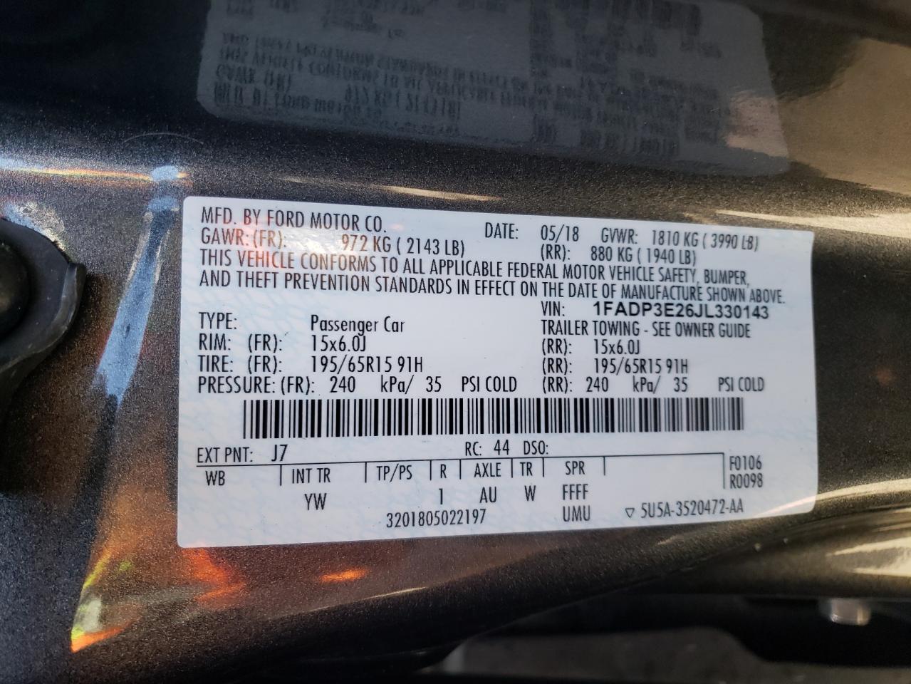 Photo 10 from auction – 2018 FORD FOCUS S with VIN 1FADP3E26JL330143