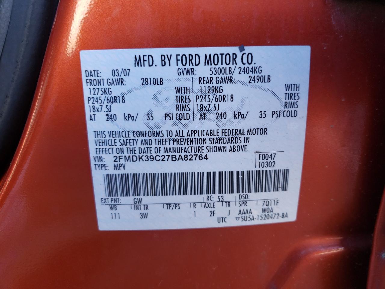 Photo 10 from auction – 2007 FORD EDGE SEL P with VIN 2FMDK39C27BA82764