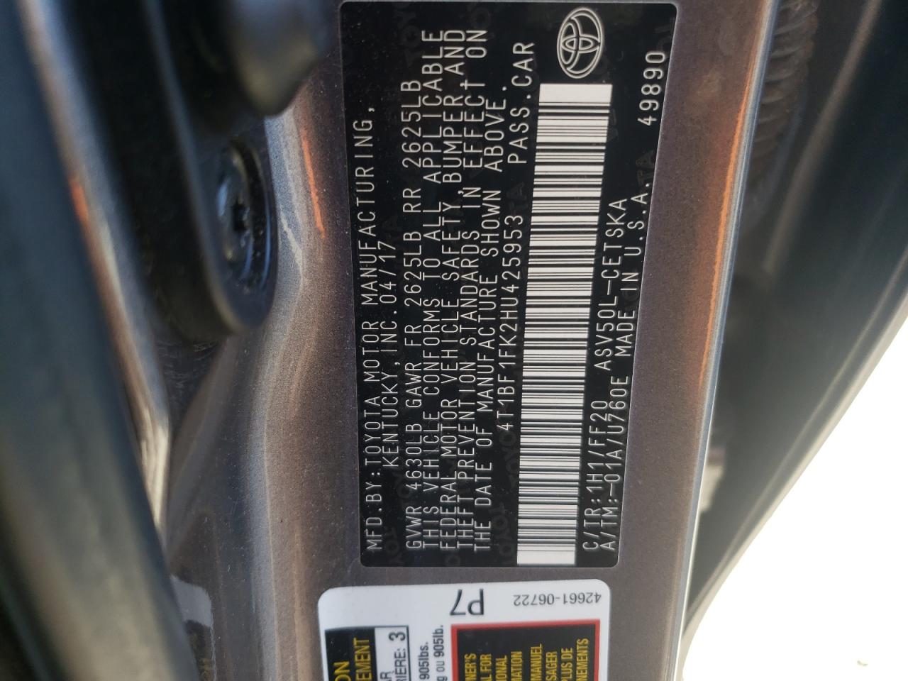 Photo 10 from auction – 2017 TOYOTA CAMRY LE with VIN 4T1BF1FK2HU425953