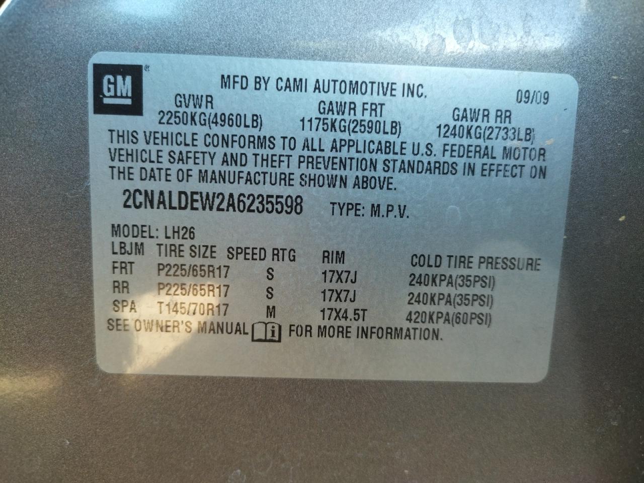 Photo 10 from auction – 2010 CHEVROLET EQUINOX LT with VIN 2CNALDEW2A6235598