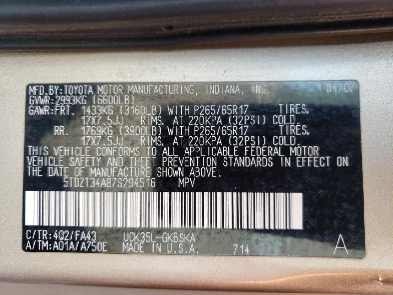 Photo 10 from auction – 2007 TOYOTA SEQUOIA SR with VIN 5TDZT34A87S294516