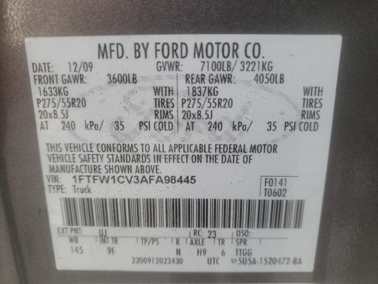 Photo 10 from auction – 2010 FORD F150 SUPER with VIN 1FTFW1CV3AFA98445