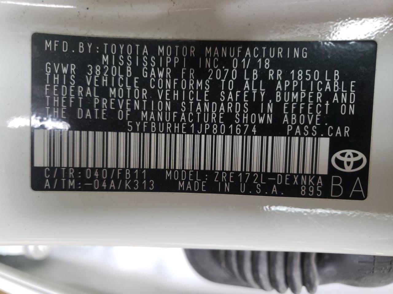 Photo 10 from auction – 2018 TOYOTA COROLLA L with VIN 5YFBURHE1JP801674